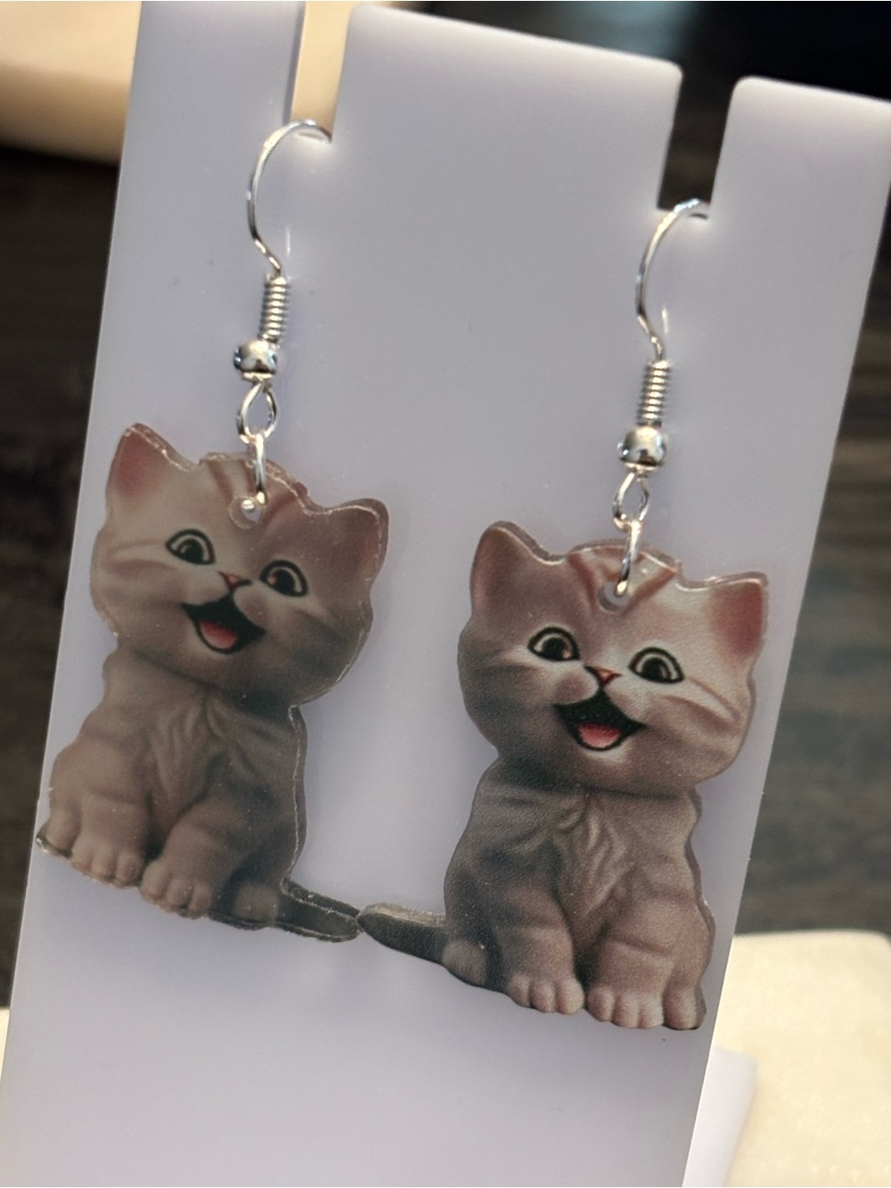 Title: Grey Tabby Kitten Acrylic Dangle Earrings | Smiling Cat | Silver Hooks